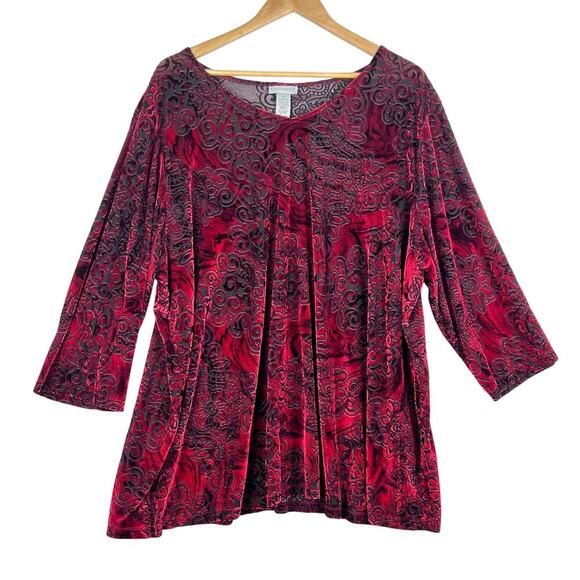 Catherines Burnout Velvet Red Floral Paisley 3/4 Sleeves Womens Blouse Tunic 2X - Picture 1 of 9